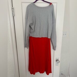 Anthropologie Vibrant Red dress and Soft Gray Knit Top